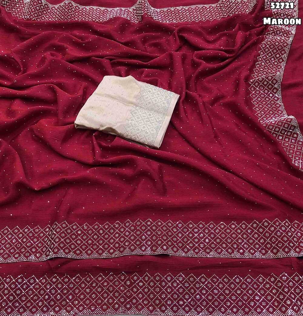 Launching new Soft chinnon silk siroski work saree with scalloped cutwork border Blouse - Contrast siroski work blouse Weight 570 Grams - Image 2