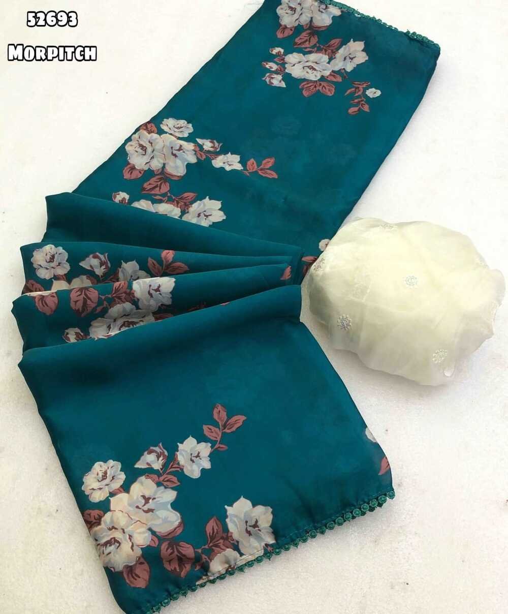 Launching new Satin Georgette floral digital print with crosya lace border Blouse - Contrast embroidery & sequence work blouse Weight 530 Grams