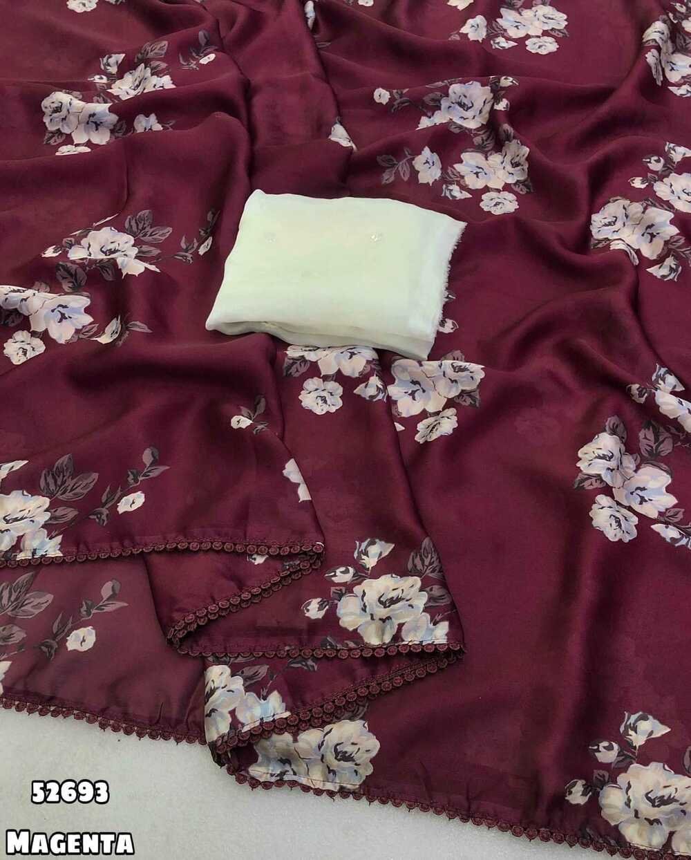 Launching new Satin Georgette floral digital print with crosya lace border Blouse - Contrast embroidery & sequence work blouse Weight 530 Grams - Image 2