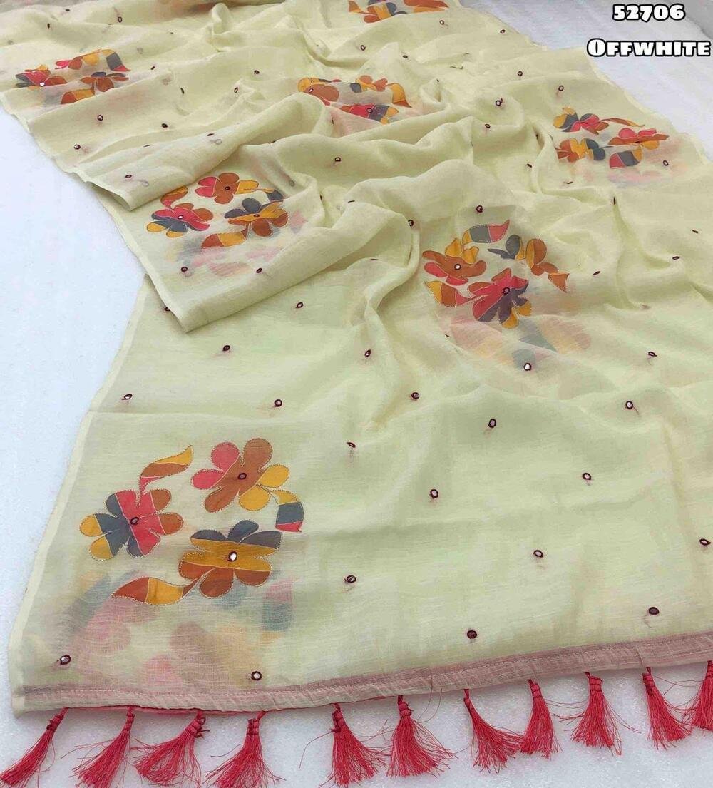 Launching new Soft linen floral digital printed saree with embroidery work zari outing & foil mirror work with tussle on pallu Blouse - Digital printed blouse weight 510 Grams - Image 4