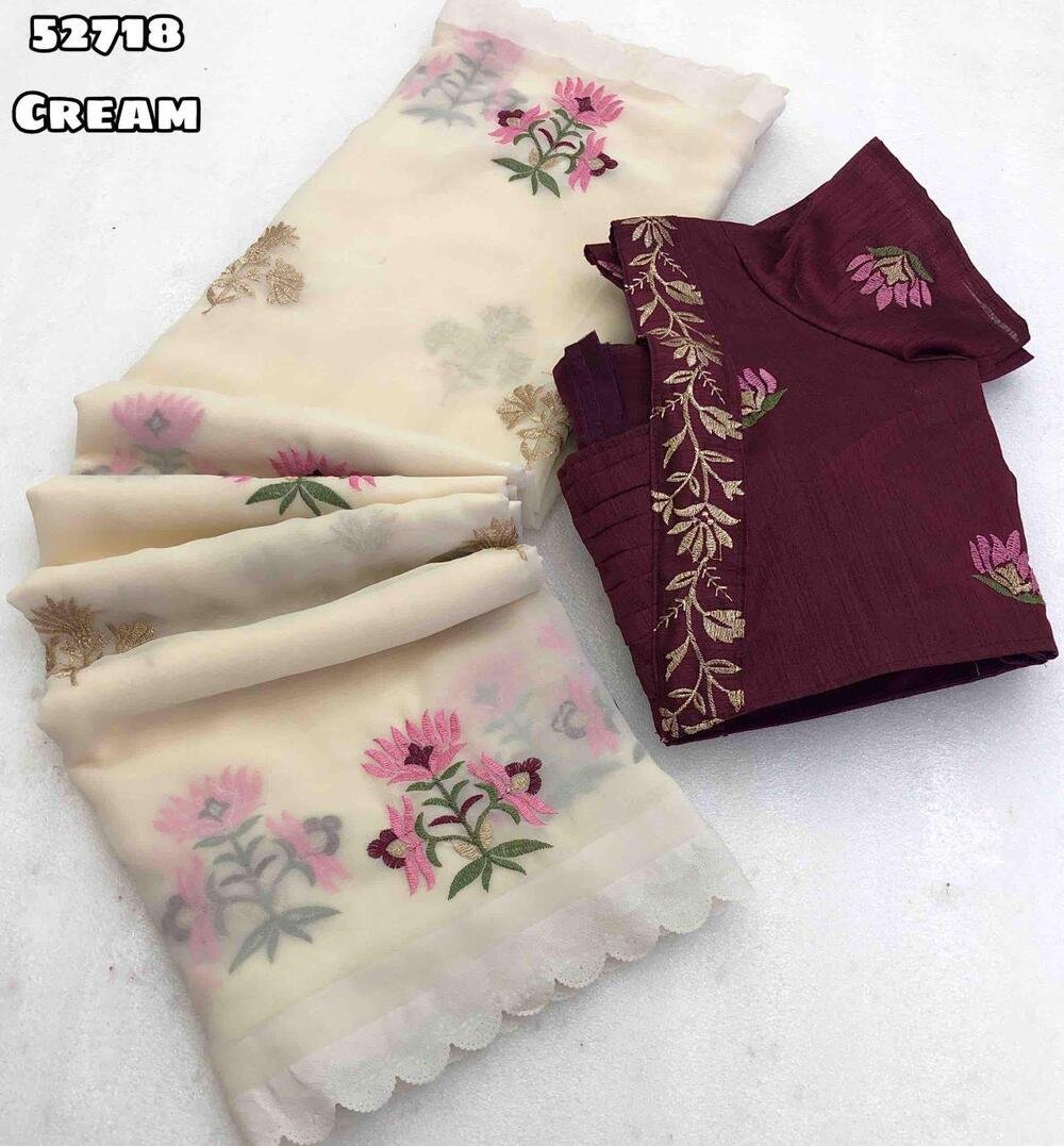 Launching new Faux Georgette fancy embroidery work with lazer cut border Blouse - Contrast embroidery work blouse (Unstitched) Weight 530 Grams