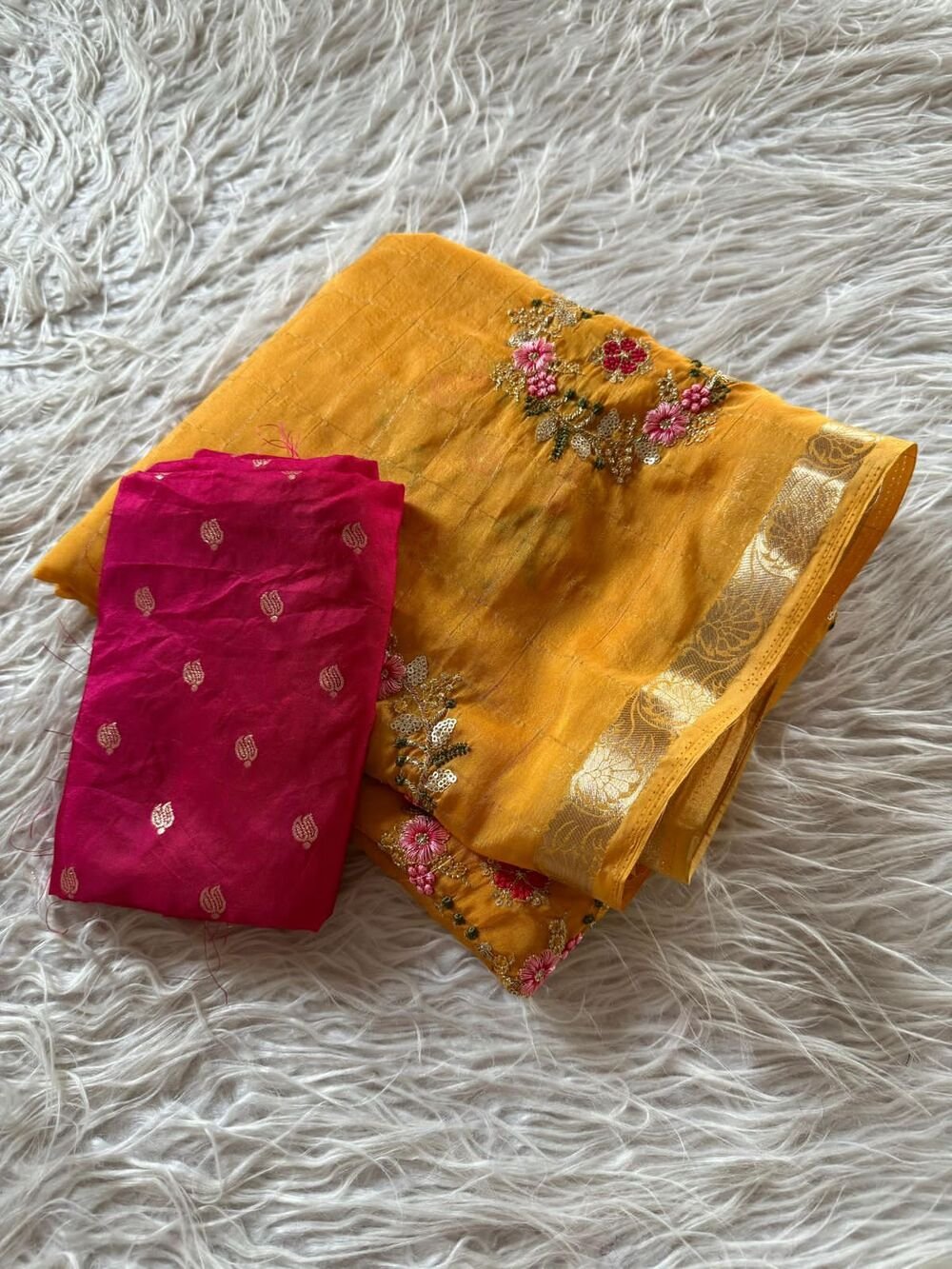 Viscose chinnon chex saree with multi colour thread embroidery butta work Teamed with viscose butti silk blouse