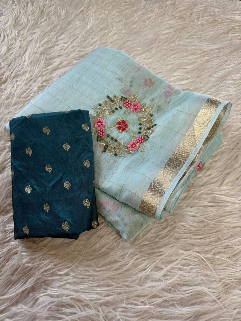 Viscose chinnon chex saree with multi colour thread embroidery butta work Teamed with viscose butti silk blouse