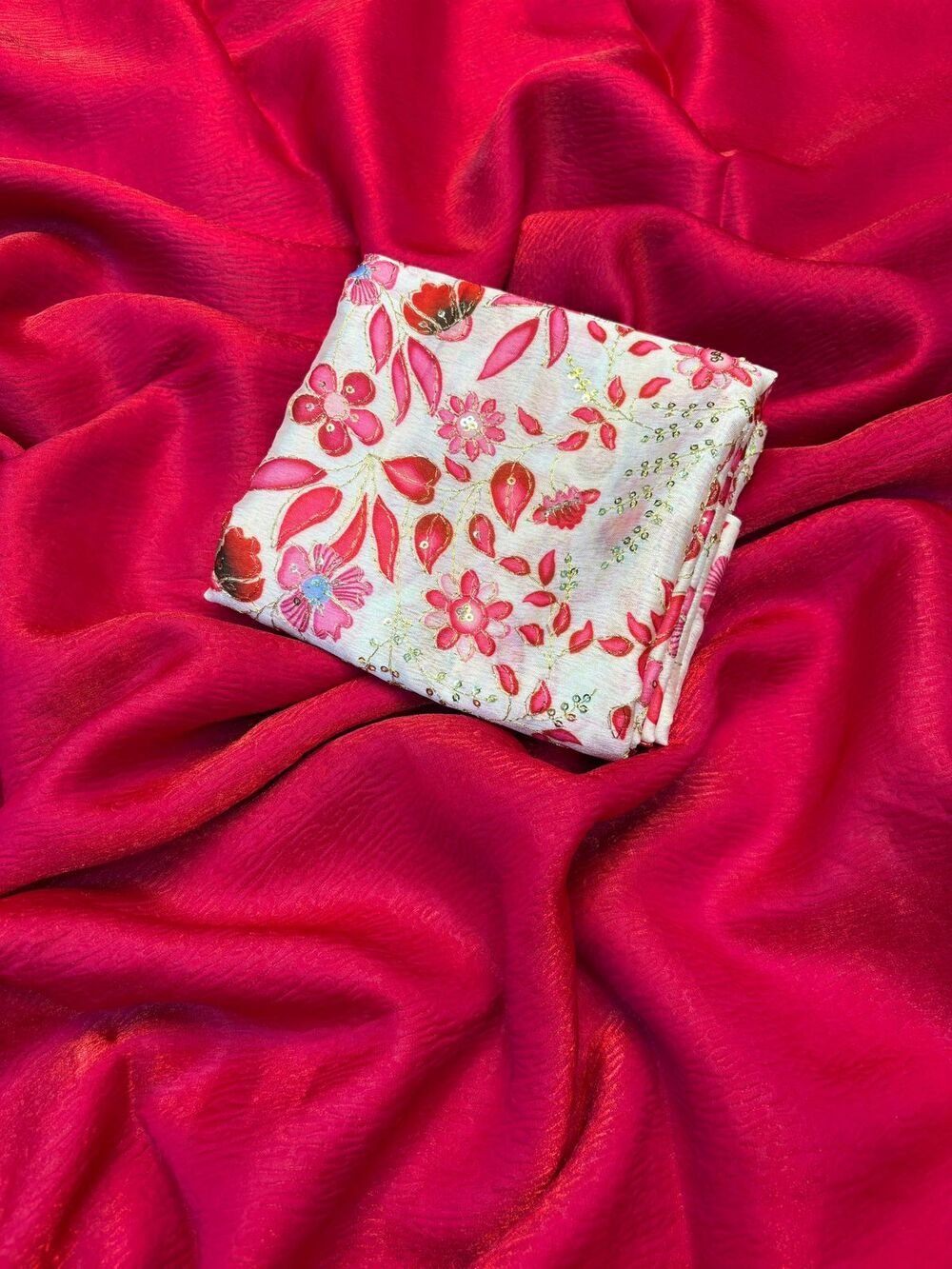 Bubble crush Party wear designer saree Soft two tone space silk crush fabric Paired with digital print position embroidery designer blouse - Image 2