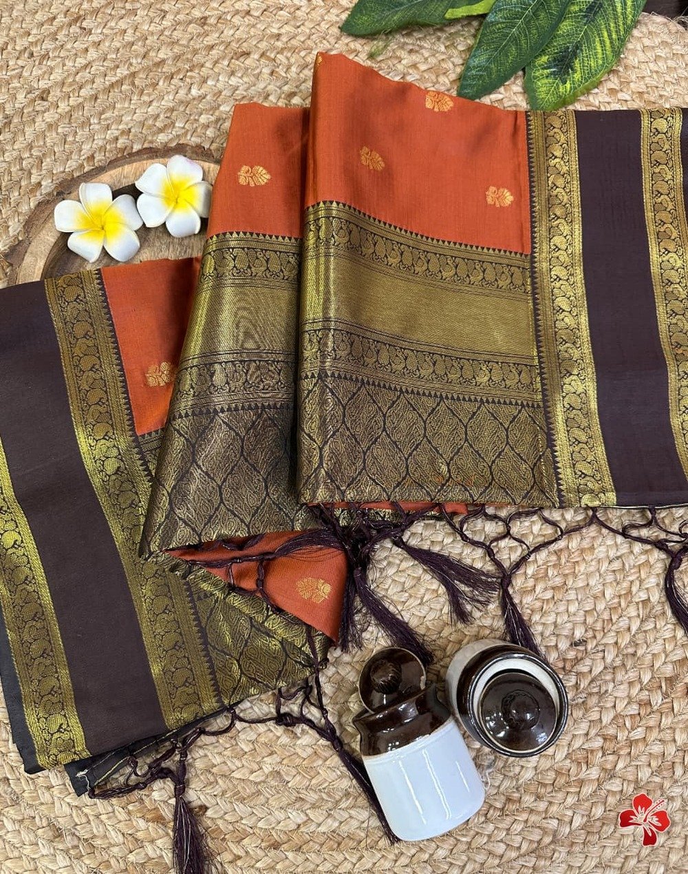 Rust orange with coffee brown Vintage series - The blockbuster hit colour combination of the year..😍😍 Super classy semi kanjivaram soft silk sarees that is inspired from pure silk kanjivaram sarees👗 Having all over traditional butties in the body with contrast woven border and grand woven pallu with exclusive tassels🧶 Pairs with contrast woven blouse🧵 - Image 5