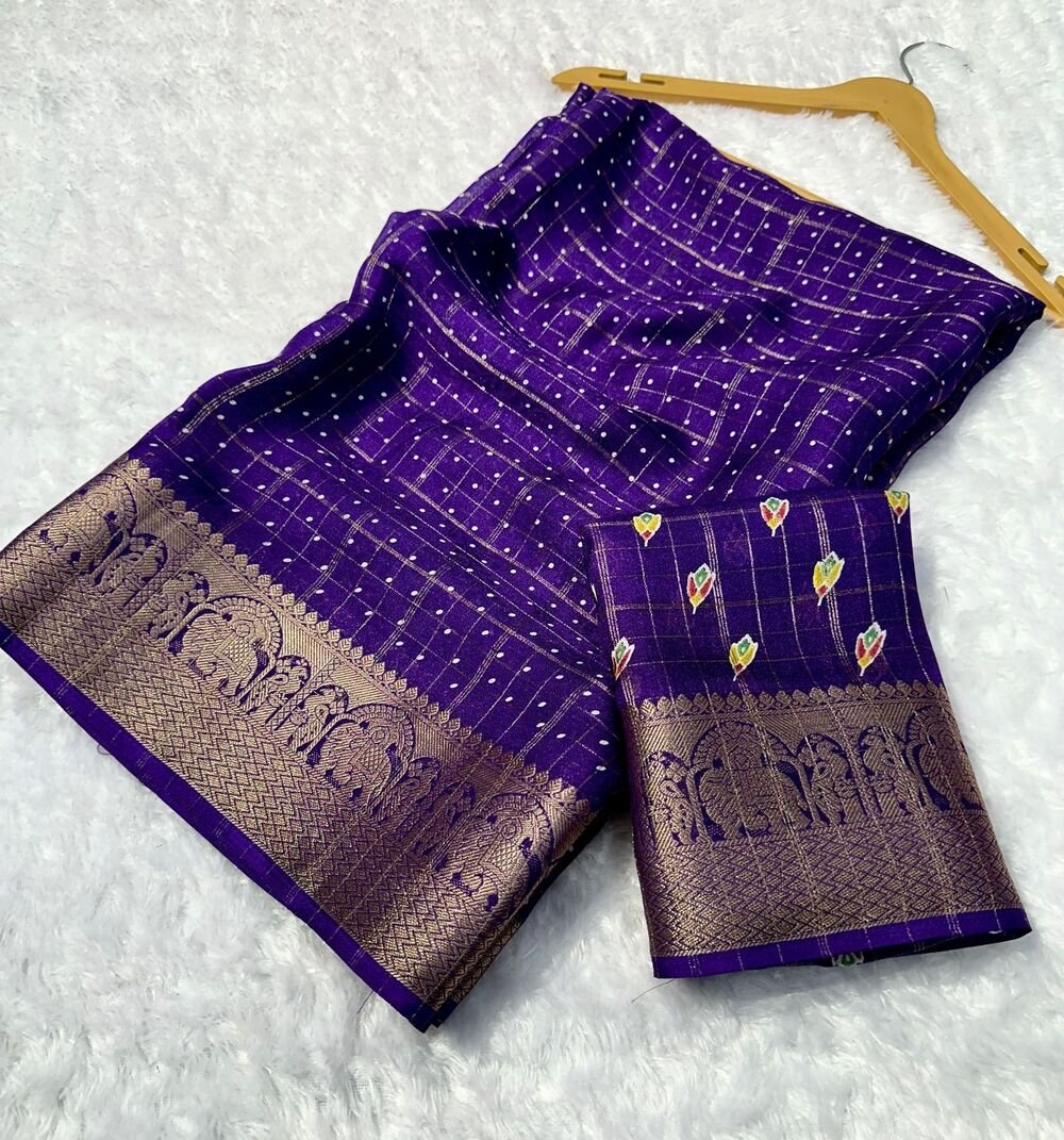 Mysore crepe bandhani Mysore crepe saree with zari chex weaving pattern all over... and rich zari Weaving Border With beautiful bandhani print design in super color range Comes with running mysore crepe Blouse as shown....