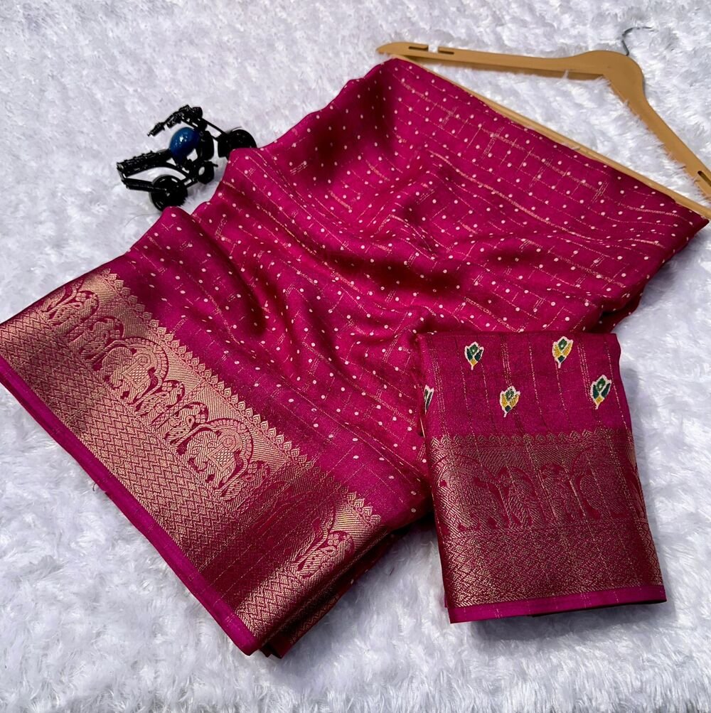 Mysore crepe bandhani Mysore crepe saree with zari chex weaving pattern all over... and rich zari Weaving Border With beautiful bandhani print design in super color range Comes with running mysore crepe Blouse as shown....