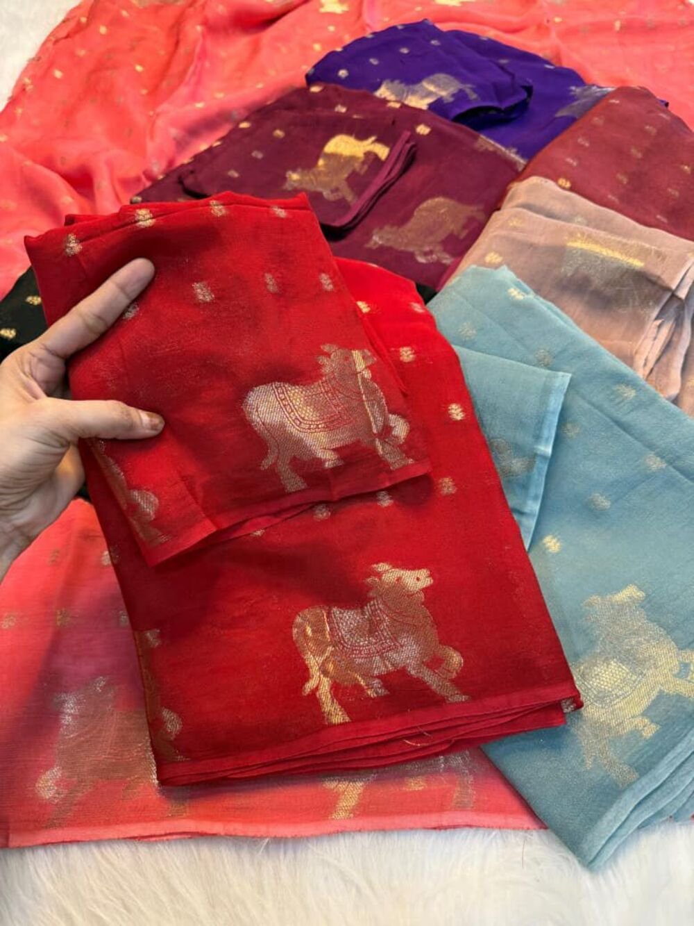 Pure viscose russian crepe saree with pichwai jacquard zari weave design in panel and butti weaving in body Paired with running blouse