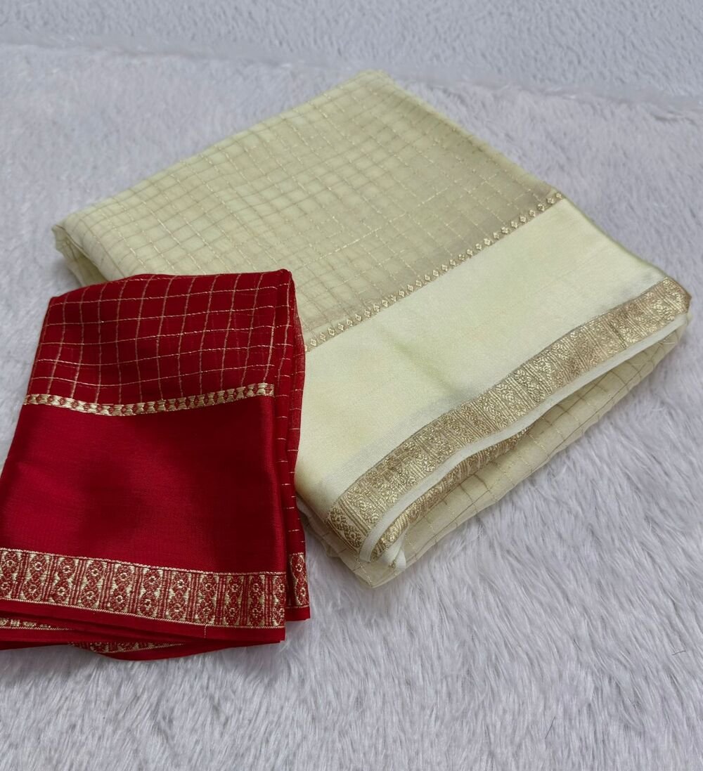 Pure Viscose Georgette saree with lurex thread chex weaving all over Saree With satin border Comes with viscose georgette Blouse