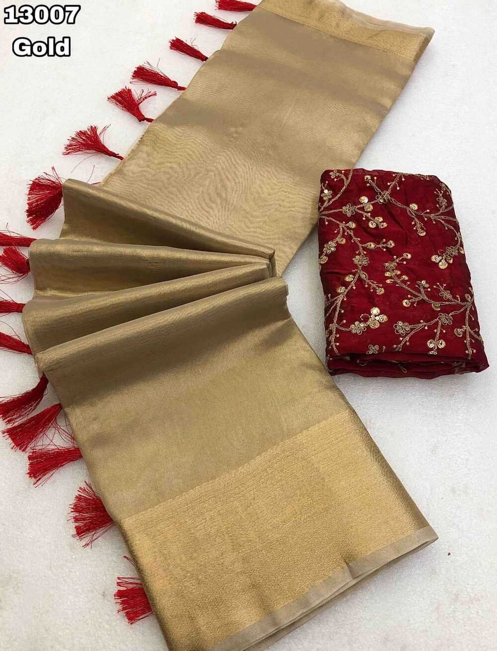 abric - Tissue silk gold zari weaving saree comes with gold colour weaving border & chit pallu Blouse - Rangoli with embroidery & coading work Saree cut - 5.5 meter Blouse cut - 0.8 meter Available in Single colour Weight - 450 Grams - Image 3