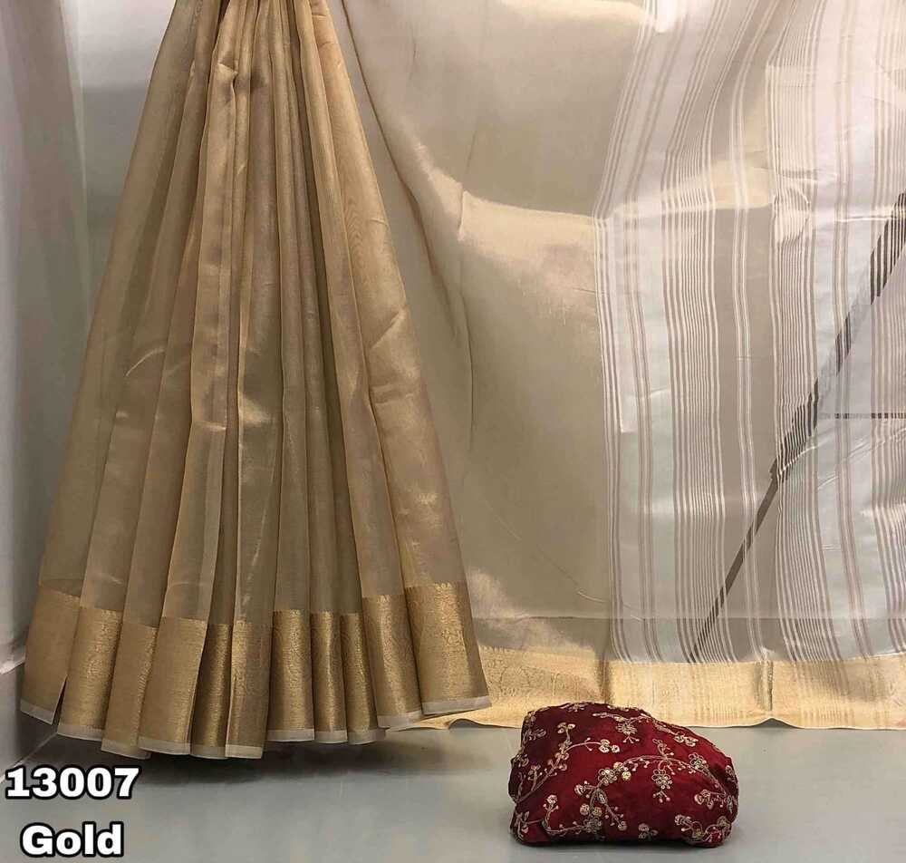 abric - Tissue silk gold zari weaving saree comes with gold colour weaving border & chit pallu Blouse - Rangoli with embroidery & coading work Saree cut - 5.5 meter Blouse cut - 0.8 meter Available in Single colour Weight - 450 Grams - Image 2