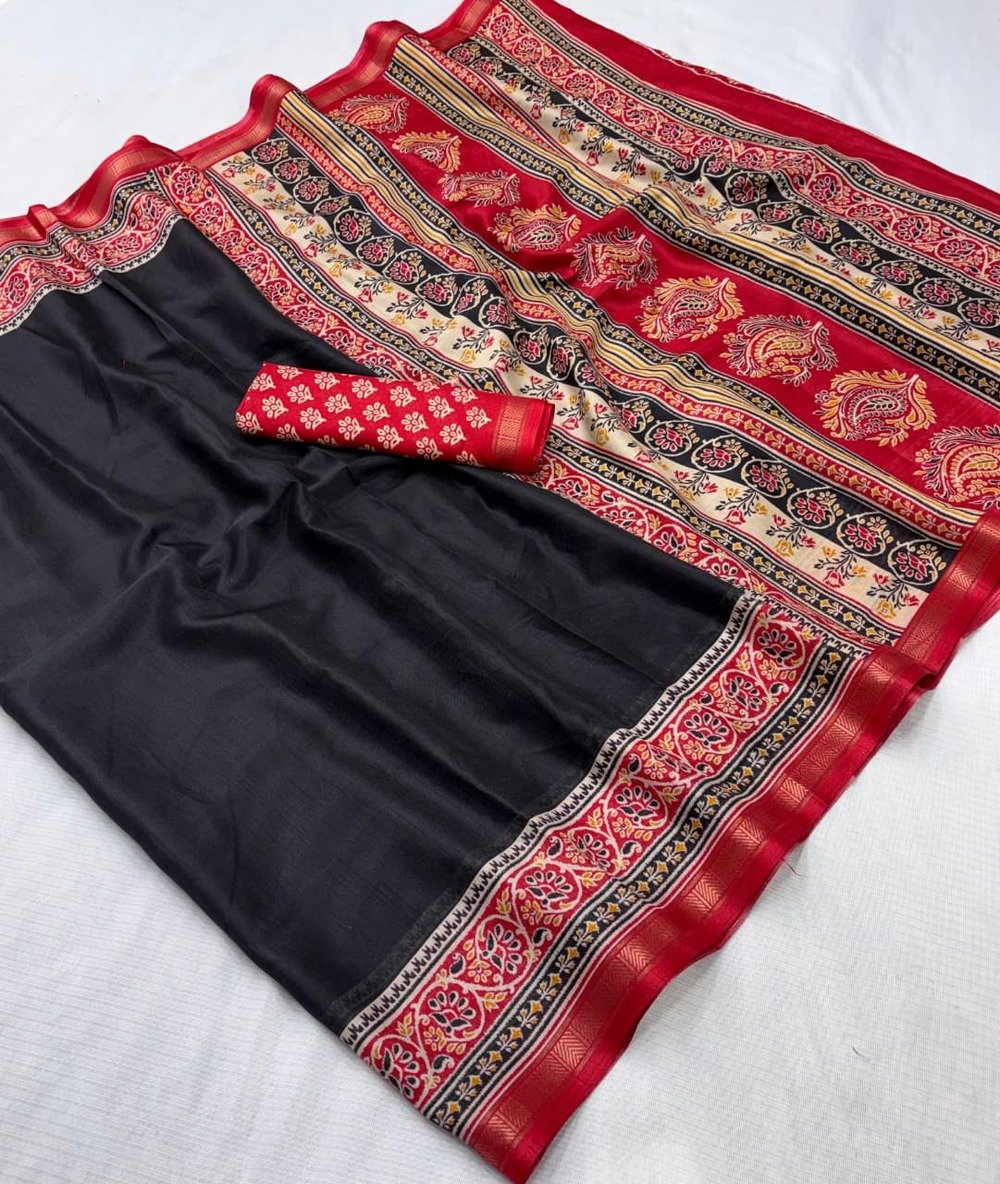 Details:- mul mul cotton Saree with print in all over saree with printed blouse of same fabric as saree Saree length -5.50 MTR Blouse length -0.80 MTR - Image 2