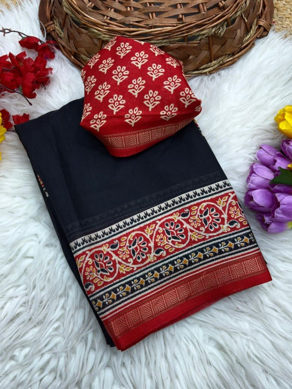 Details:- mul mul cotton Saree with print in all over saree with printed blouse of same fabric as saree Saree length -5.50 MTR Blouse length -0.80 MTR