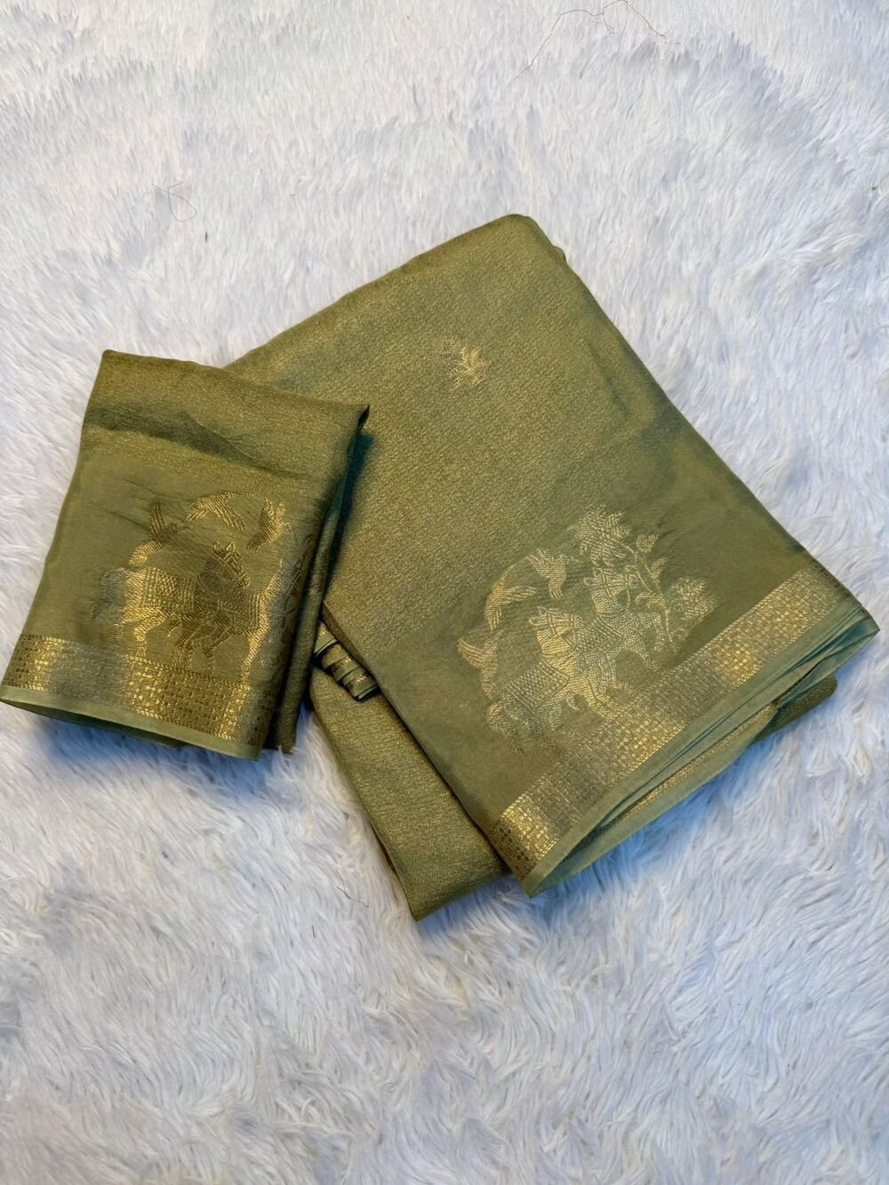 Soft Viscose Khadi silk fabric with zari border both side jacquard horse figure design in panel all over with running blouse Partywear trending saree