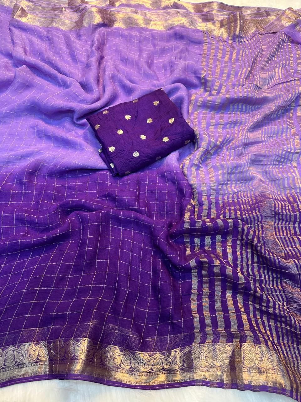 Viscose Georgette Shaded Saree with zari border both sides and lining zari border in Shaded colour concepts With Contrast viscose dola silk perfectly matched Blouse Top quality assured