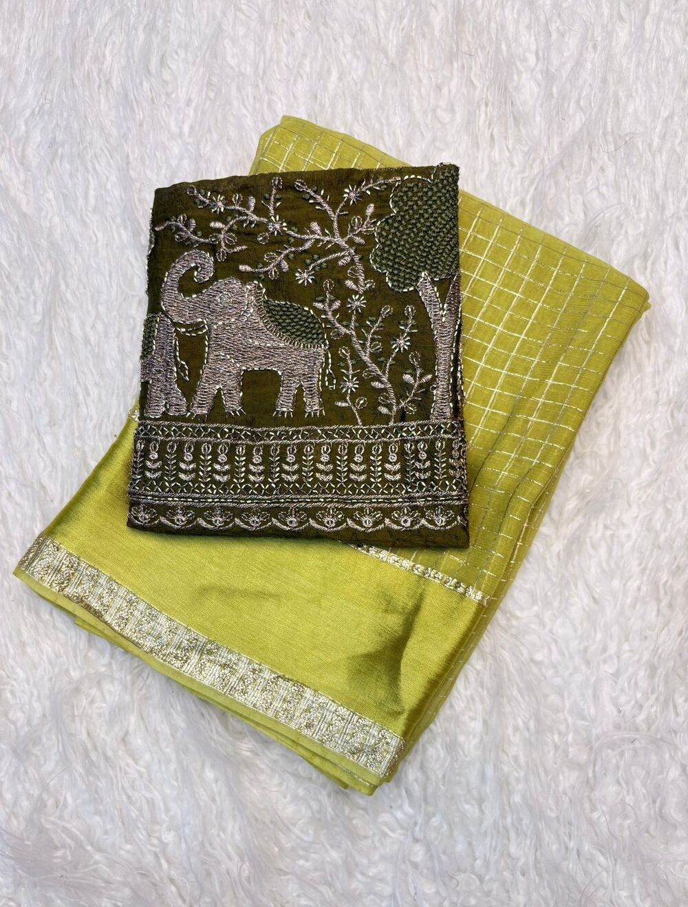 Georgette Chex Viscose Georgette saree with zari chex weaving all over Saree and satin border Comes with contrast marron colour beads embroidery work Blouse