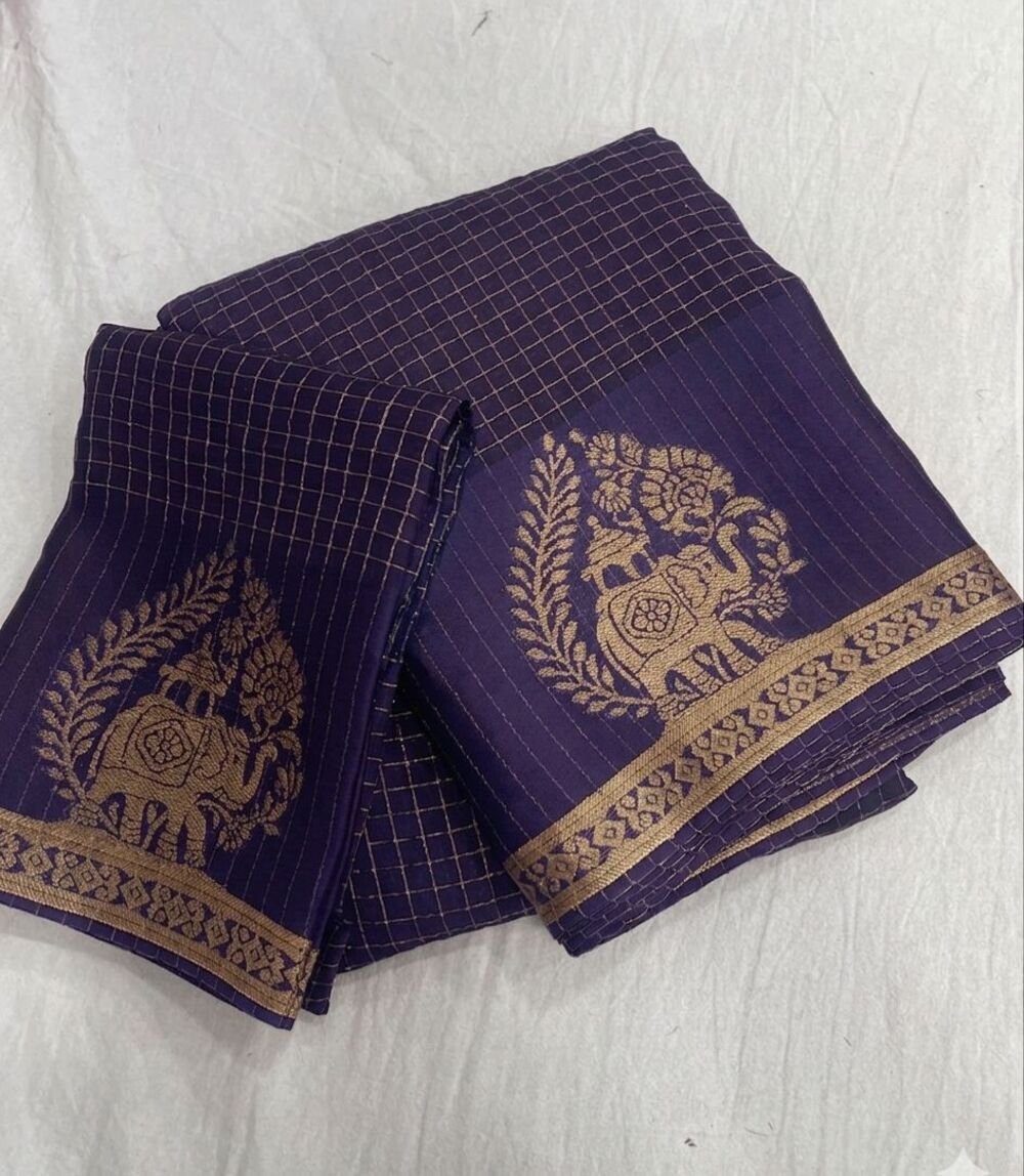 viscose chinon saree with zari chex weaving all over and elephant motif weaving in panel with running pallu and viscose chinon weaving running blouse