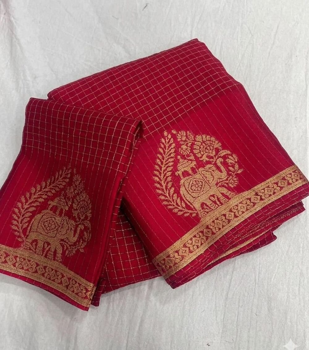 viscose chinon saree with zari chex weaving all over and elephant motif weaving in panel with running pallu and viscose chinon weaving running blouse
