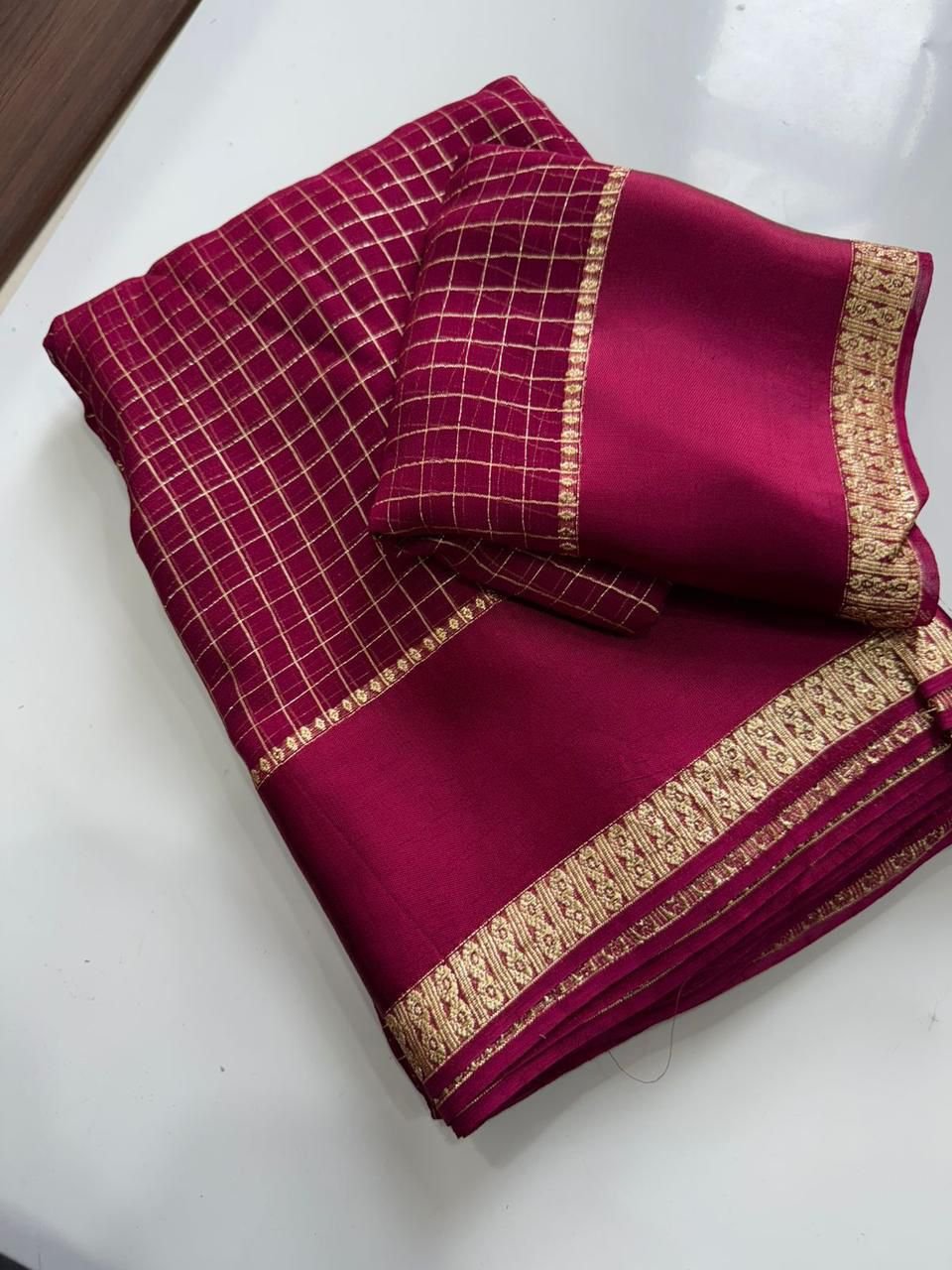 Viscose Georgette saree with zari chex weaving all over Saree and satin border Comes with running viscose georgette Blouse