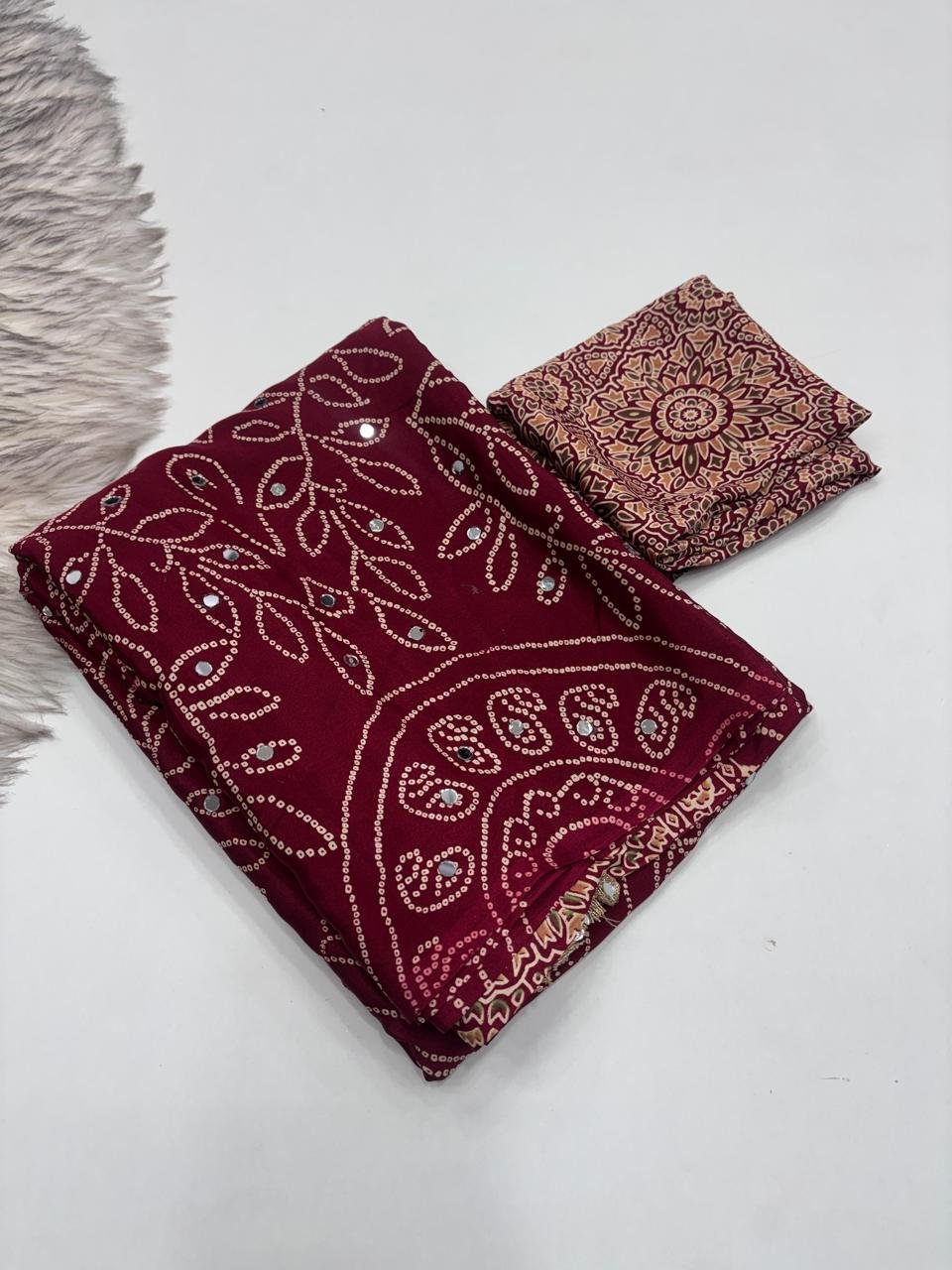 Arjakh Satin viscose silk saree with designer print Sarees Rich Pallu with Designer Original Mirror Work All over saree With* *Heavy mirror Designer lace On Pallu* *WITH BLOUSE*