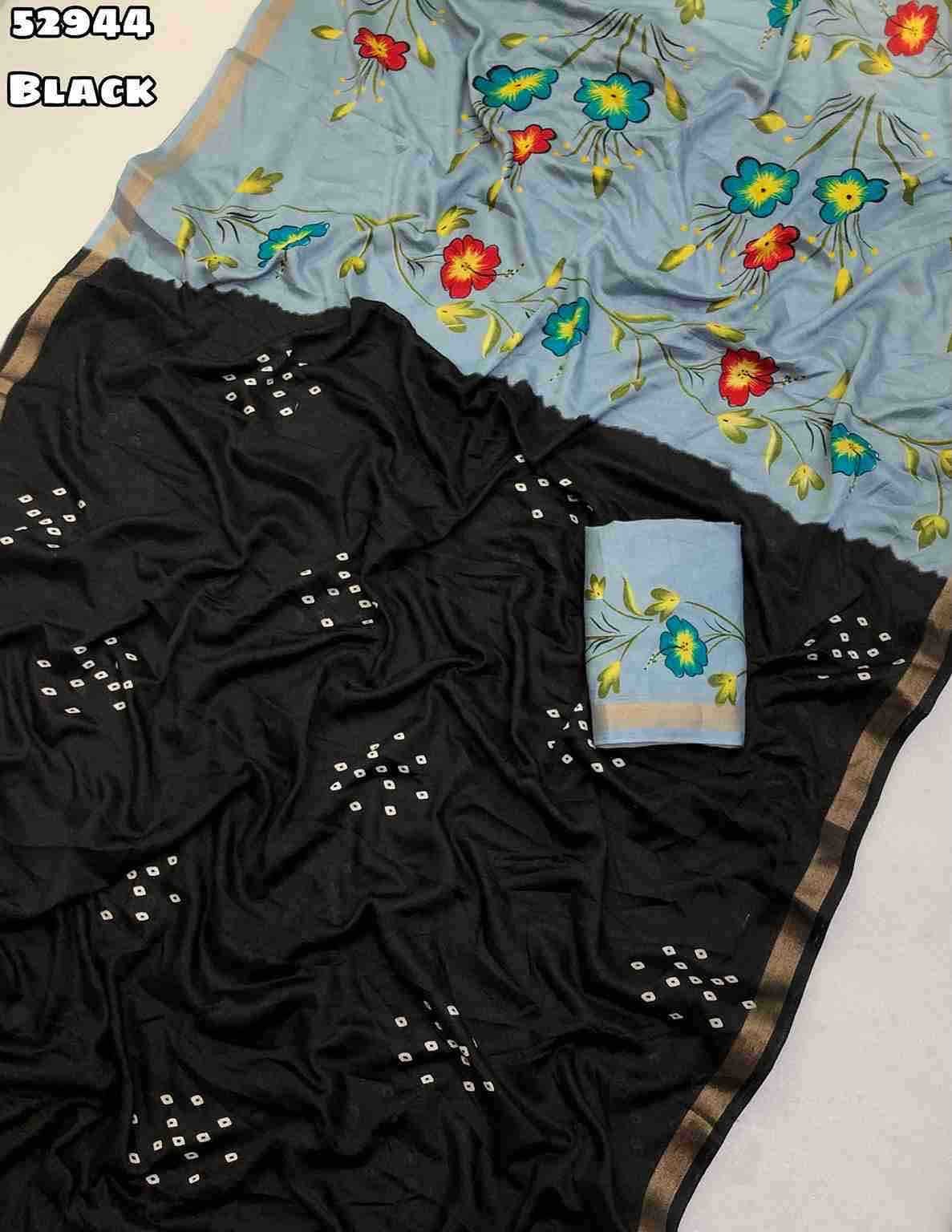 Fabric - Launching New Mul Cotton Bandani Print With Zari Border & Brush Print Style Floral Printed Pallu Blouse - Printed Blouse Weight 460 Grams