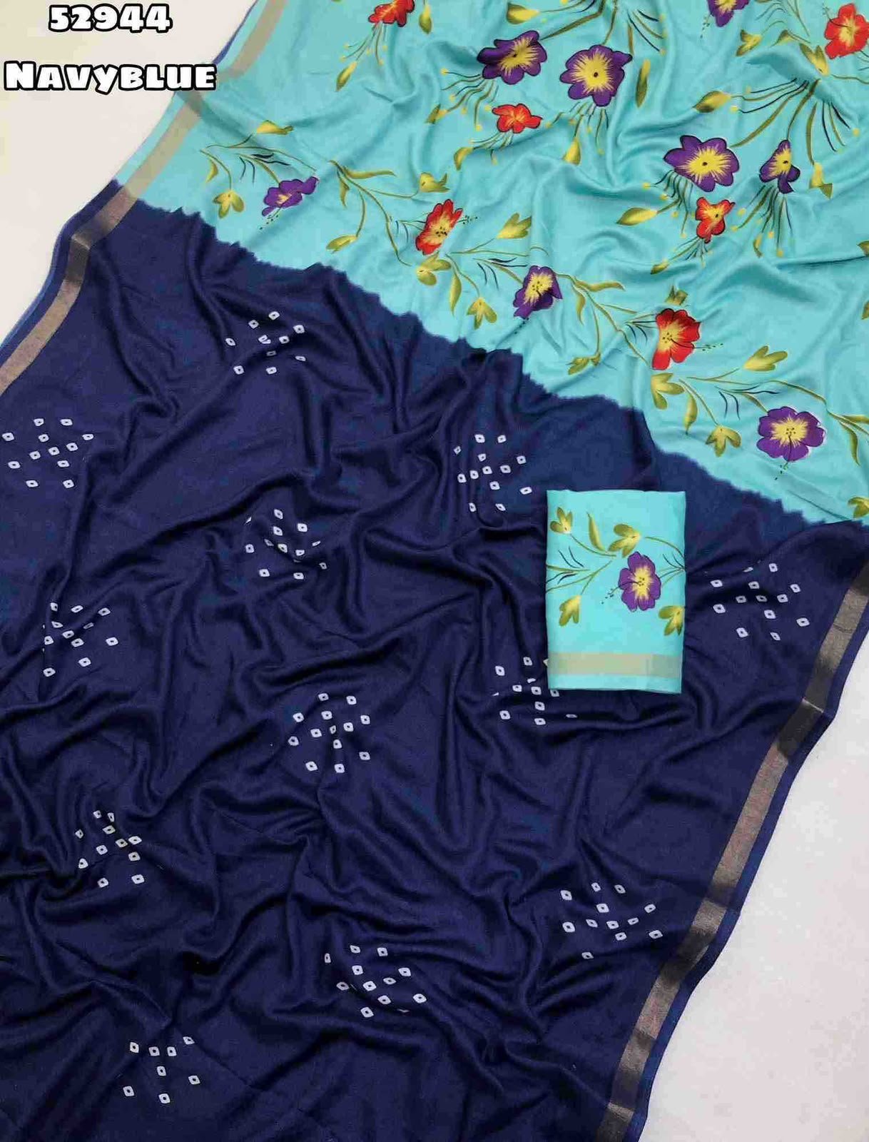 Fabric - Launching New Mul Cotton Bandani Print With Zari Border & Brush Print Style Floral Printed Pallu Blouse - Printed Blouse Weight 460 Grams