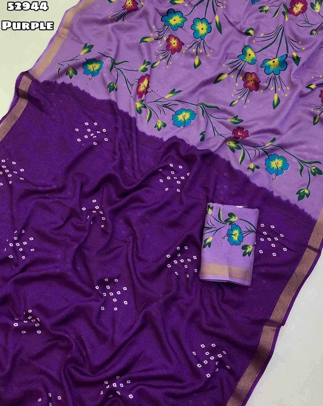 Fabric - Launching New Mul Cotton Bandani Print With Zari Border & Brush Print Style Floral Printed Pallu Blouse - Printed Blouse Weight 460 Grams