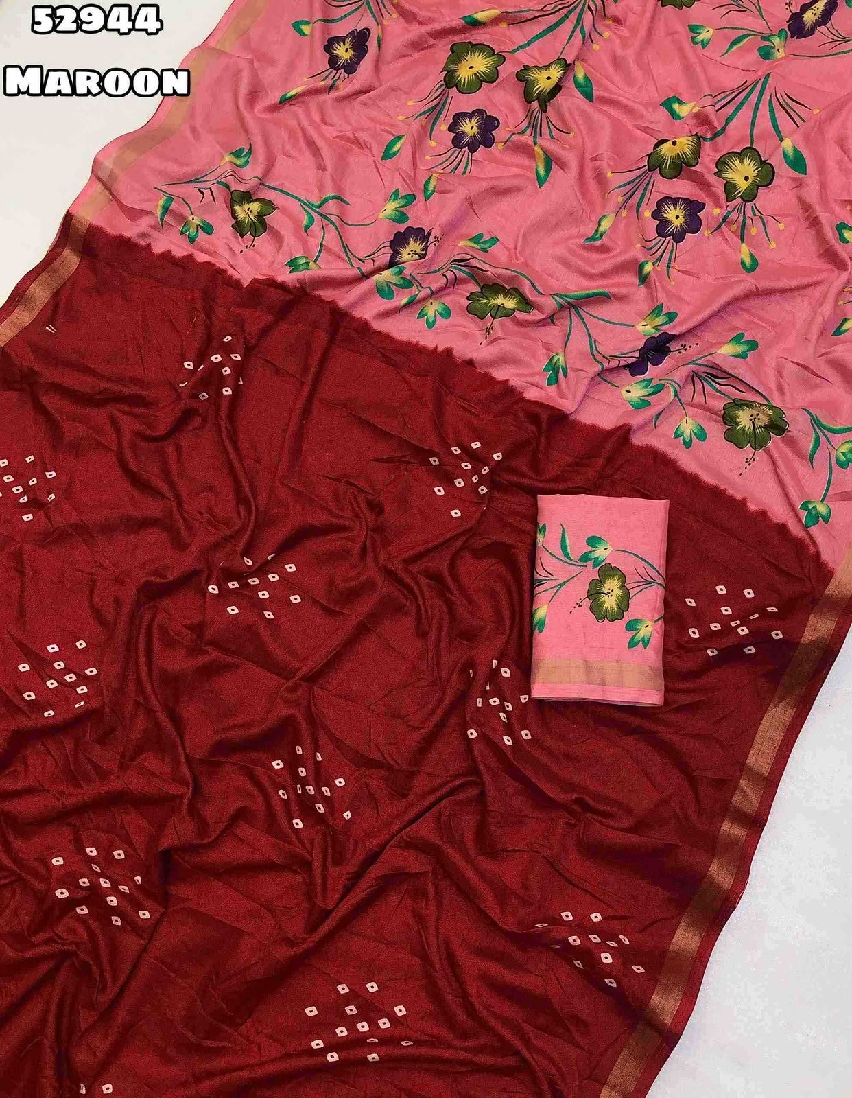 Fabric - Launching New Mul Cotton Bandani Print With Zari Border & Brush Print Style Floral Printed Pallu Blouse - Printed Blouse Weight 460 Grams