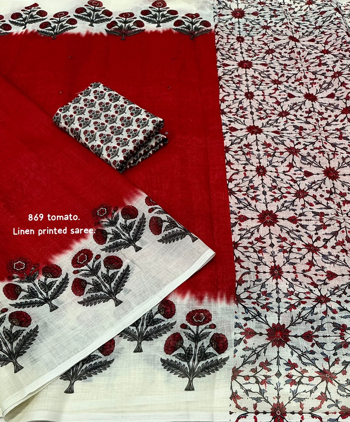 Linen Dream Quality – Soft Linen Digital Saree With Cotton Tassles. Blouse – Running Printed Blouse. Full length 6.30 meters.