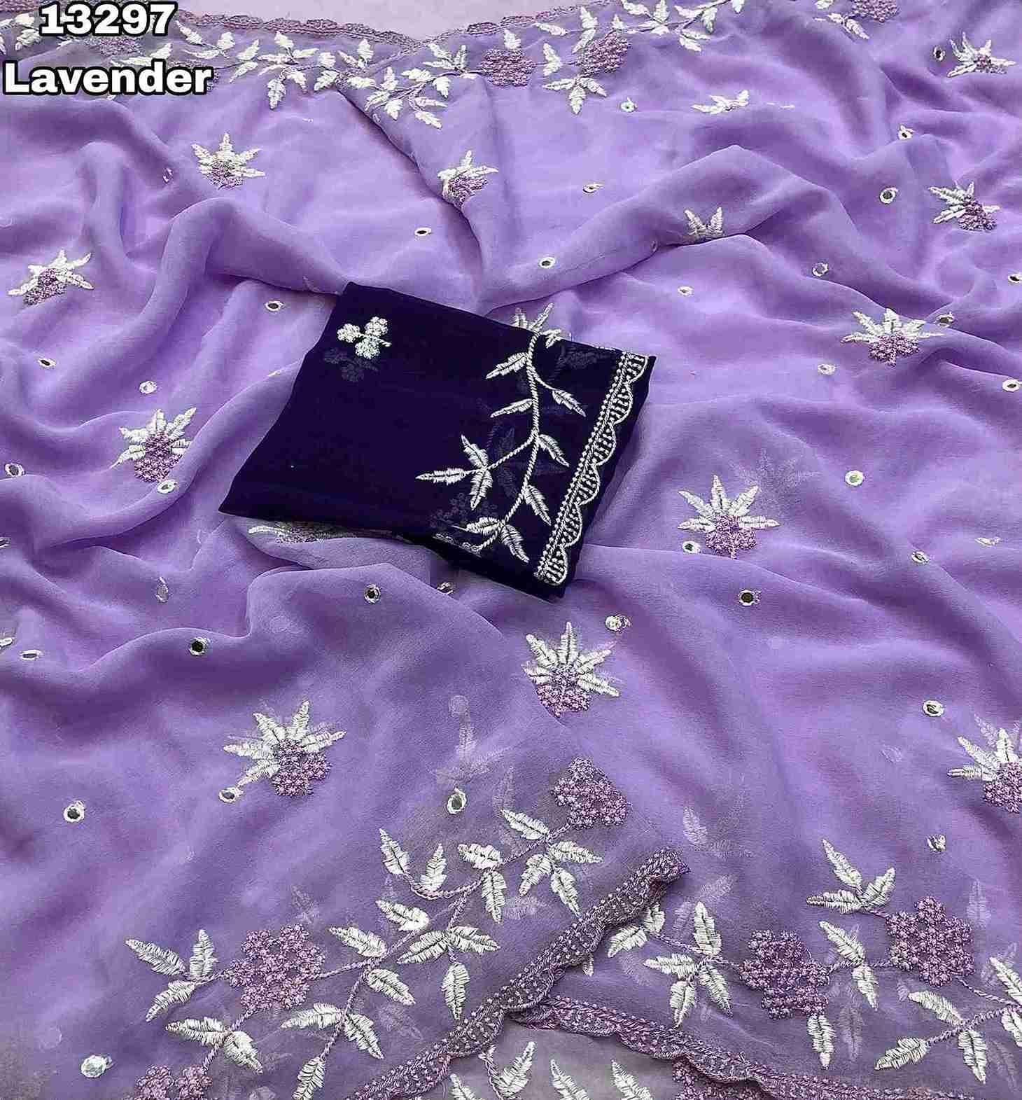 Fabric - Georgette With Floral Design Embroidery With Scalloped Cutwork Border & Foil Mirror Work Allover Blouse - Contrast Embroidery Work Blouse Saree cut - 5.5 meter Blouse cut - 0.8 meter Available in 6 colours Weight - 590 Grams